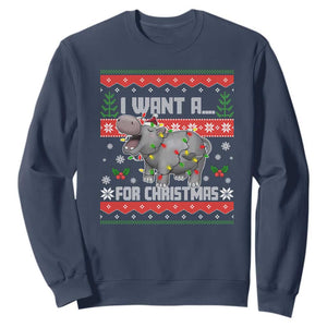 Funny Christmas Sweatshirt I Want A Hippopotamus For Xmas Moo Deng Ugly Gift TS10 Navy Print Your Wear