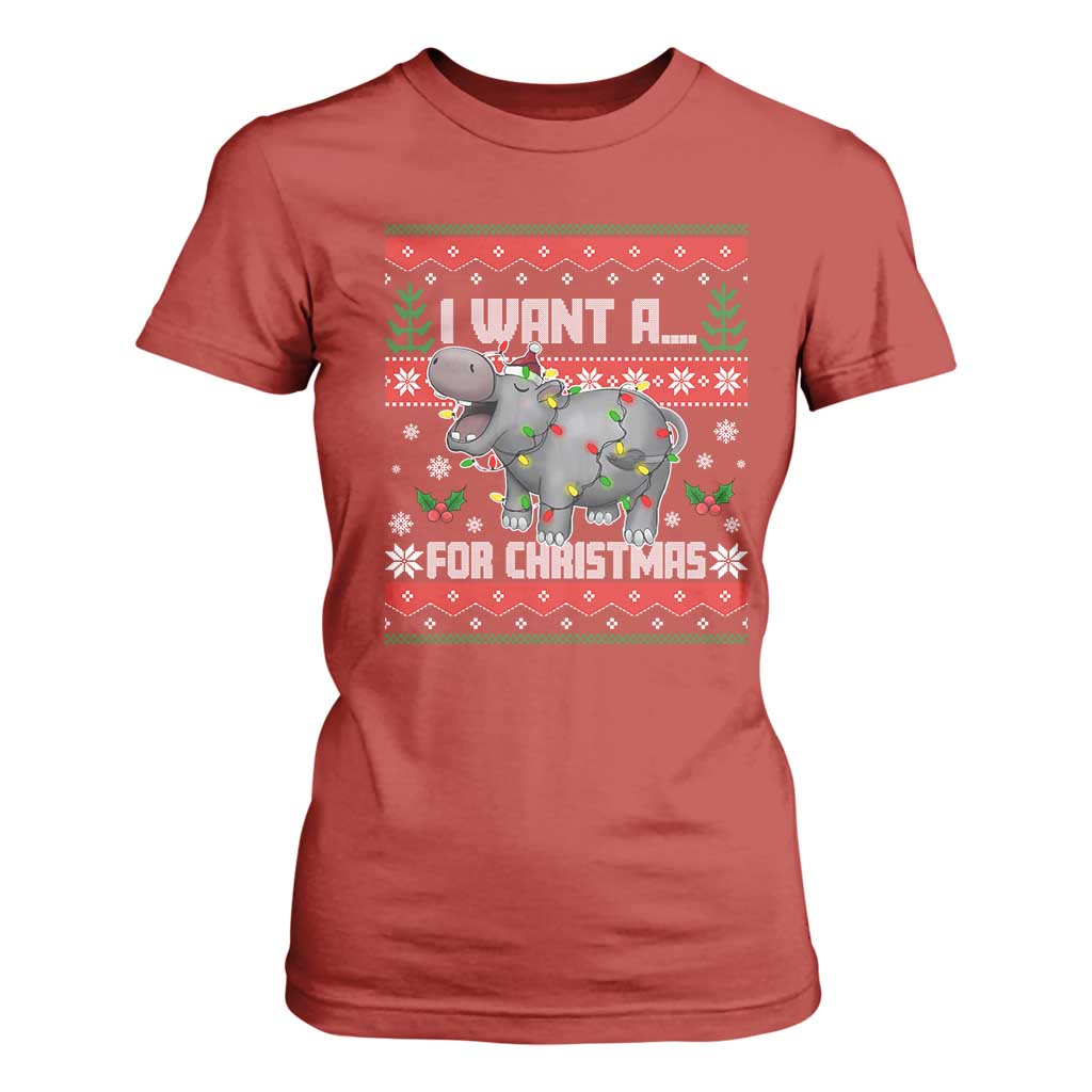 Funny Christmas T Shirt For Women I Want A Hippopotamus For Xmas Moo Deng Ugly Gift TS10 Red Print Your Wear