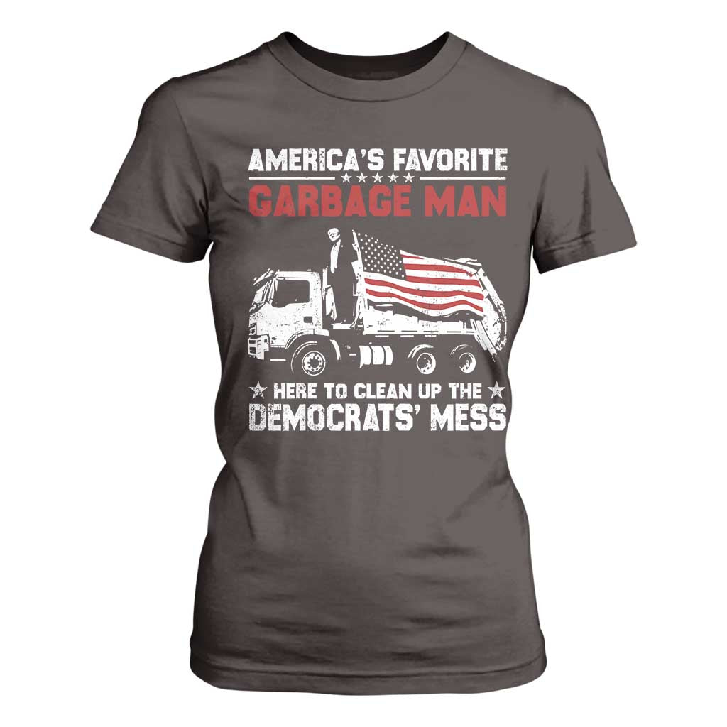 Trump 2024 Election T Shirt For Women Trump Garbage Man In Trash Truck US Flag TS10 Dark Chocolate Print Your Wear