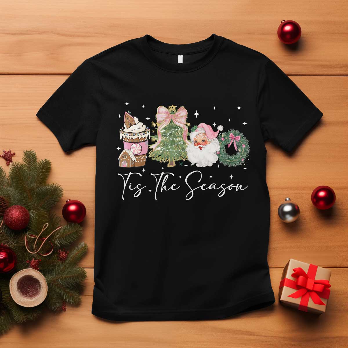 Christmas Tis The Season T Shirt Cute Winter Old Xmas Vintage Pink Santa Claus TS10 Black Print Your Wear