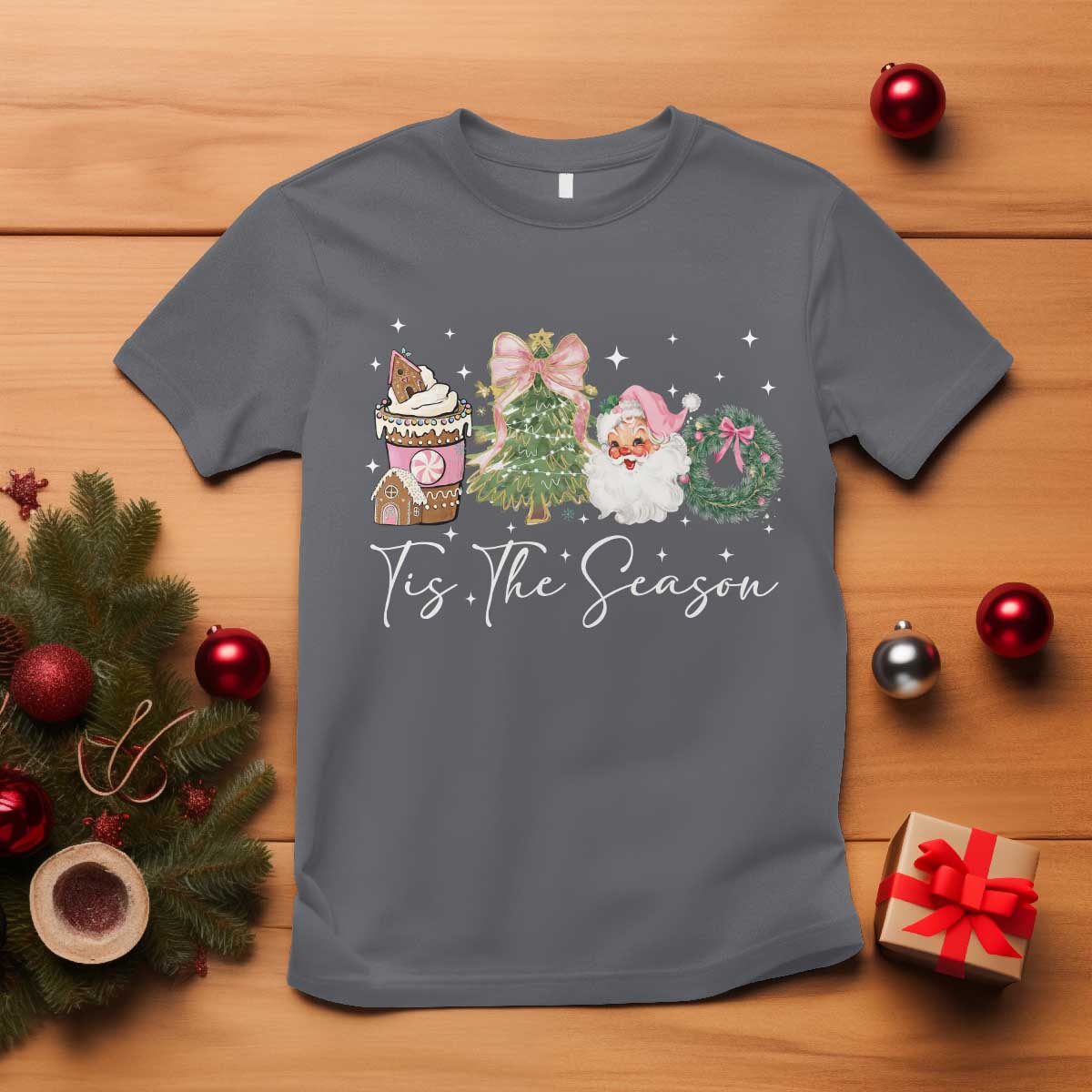 Christmas Tis The Season T Shirt Cute Winter Old Xmas Vintage Pink Santa Claus TS10 Charcoal Print Your Wear
