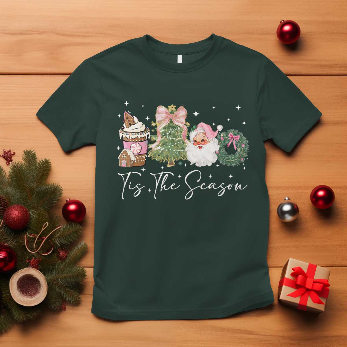 Christmas Tis The Season T Shirt Cute Winter Old Xmas Vintage Pink Santa Claus TS10 Dark Forest Green Print Your Wear