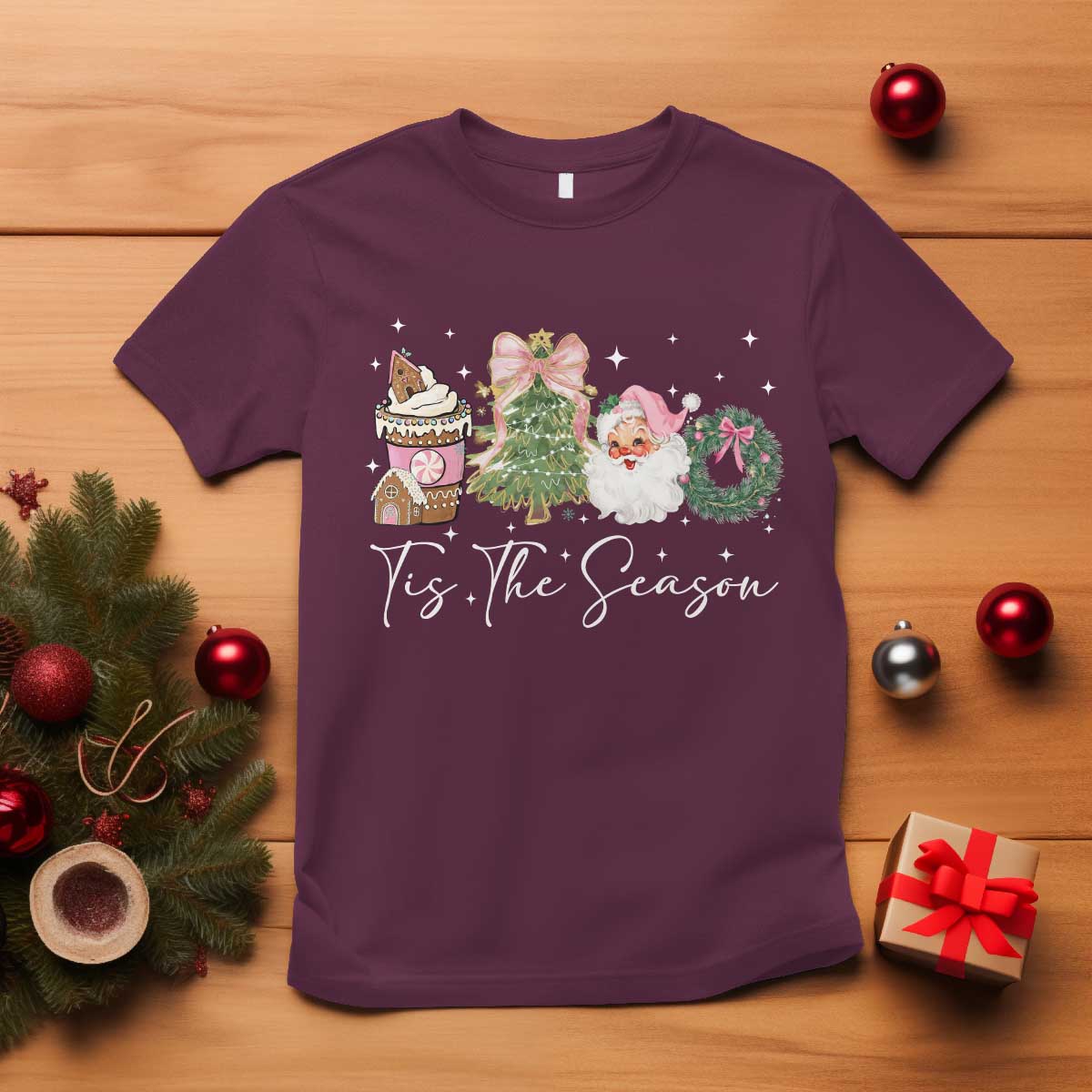 Christmas Tis The Season T Shirt Cute Winter Old Xmas Vintage Pink Santa Claus TS10 Maroon Print Your Wear