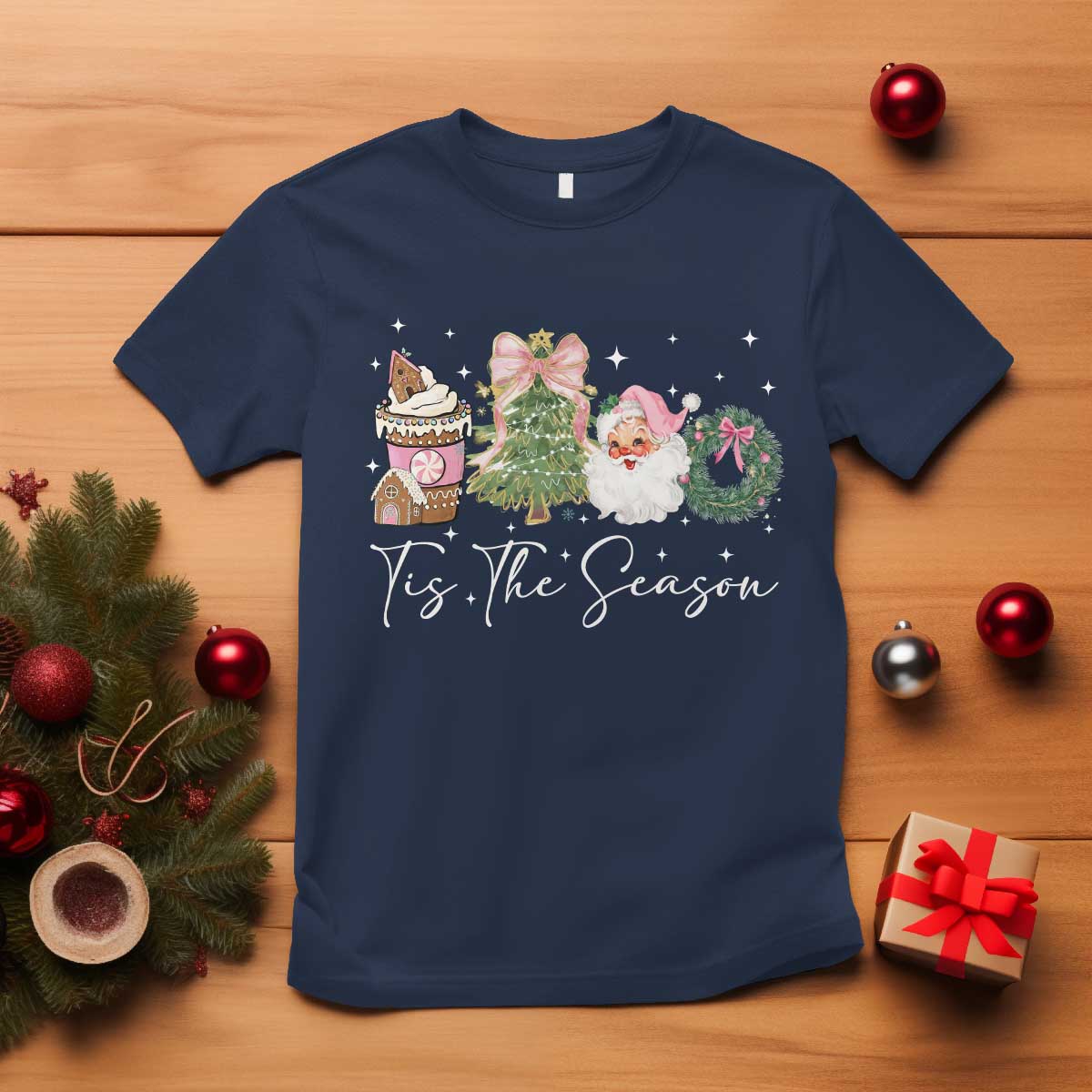 Christmas Tis The Season T Shirt Cute Winter Old Xmas Vintage Pink Santa Claus TS10 Navy Print Your Wear