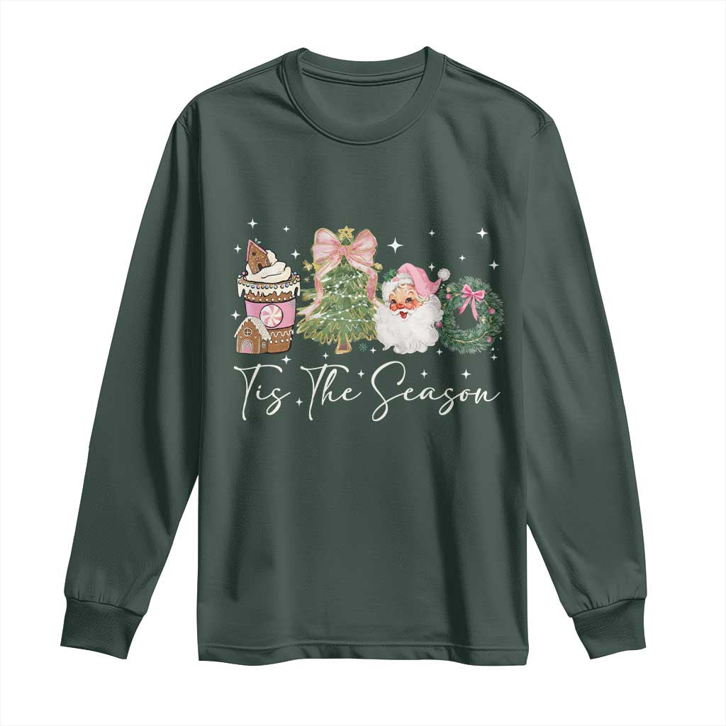 Christmas Tis The Season Long Sleeve Shirt Cute Winter Old Xmas Vintage Pink Santa Claus TS10 Dark Forest Green Print Your Wear