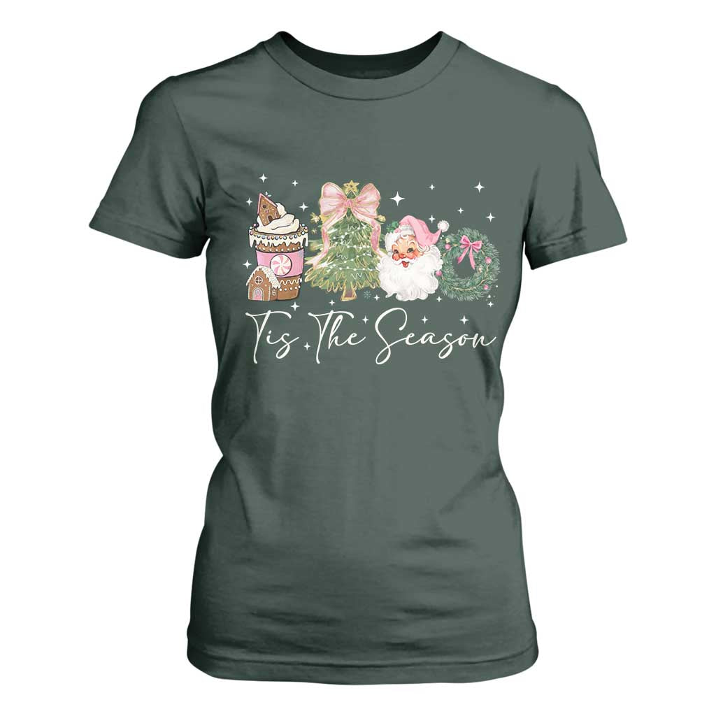 Christmas Tis The Season T Shirt For Women Cute Winter Old Xmas Vintage Pink Santa Claus TS10 Dark Forest Green Print Your Wear