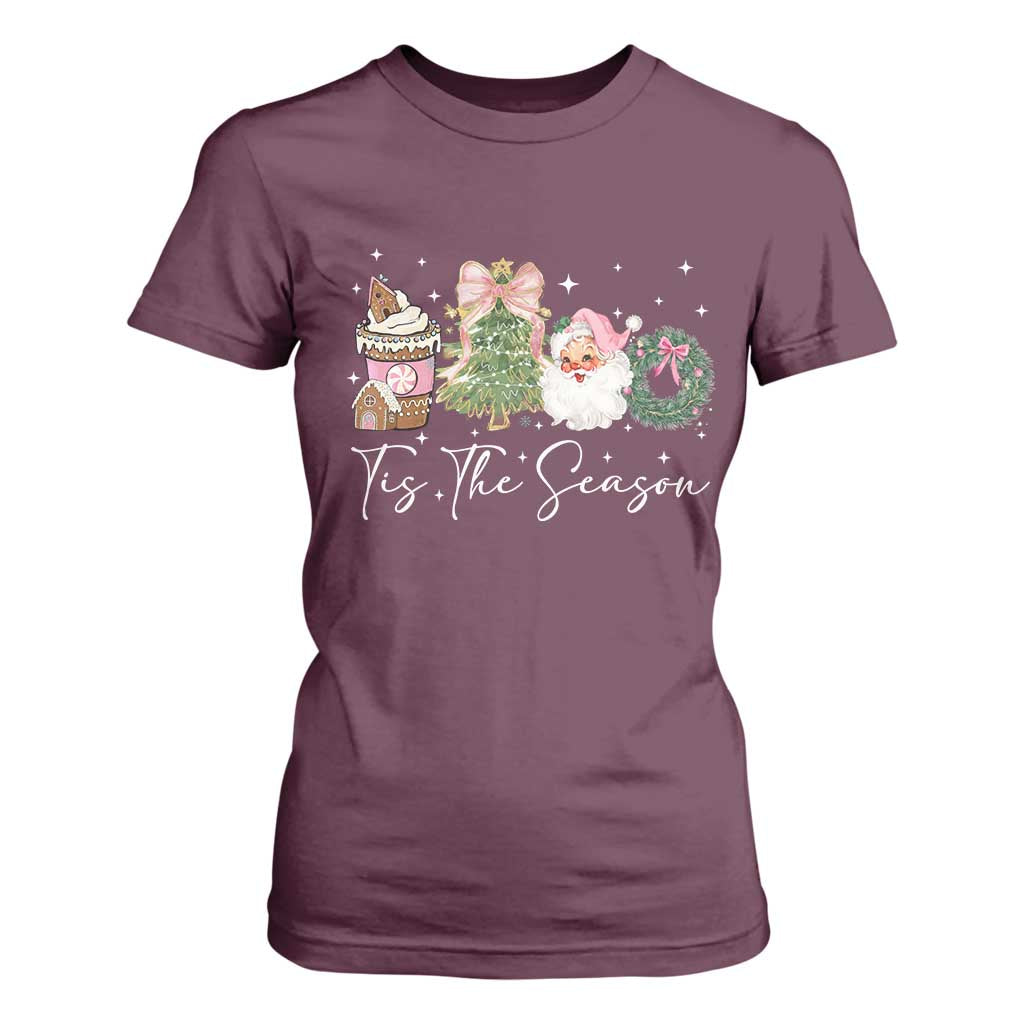 Christmas Tis The Season T Shirt For Women Cute Winter Old Xmas Vintage Pink Santa Claus TS10 Maroon Print Your Wear