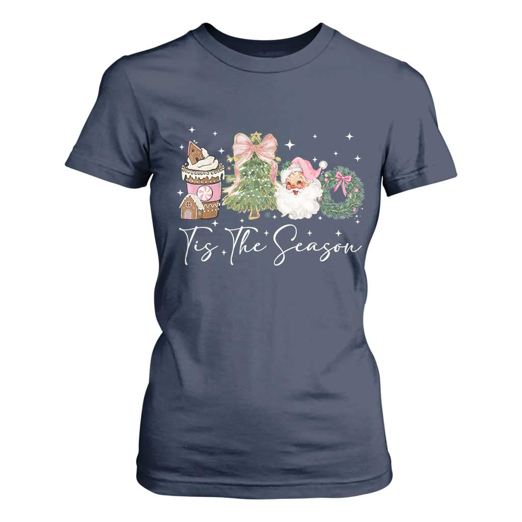 Christmas Tis The Season T Shirt For Women Cute Winter Old Xmas Vintage Pink Santa Claus TS10 Navy Print Your Wear
