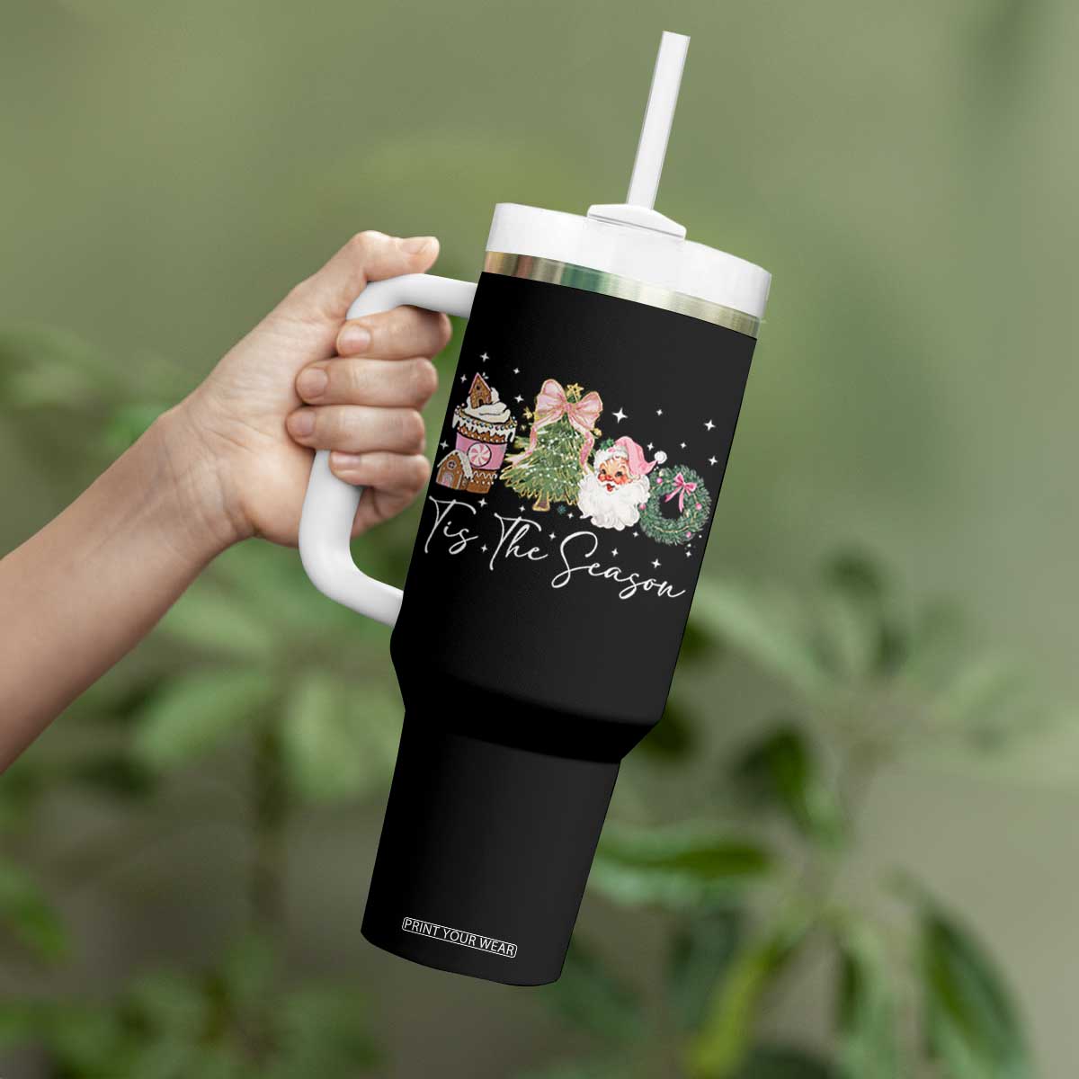 Christmas Tis The Season Tumbler With Handle Cute Winter Old Xmas Vintage Pink Santa Claus TS10 Print Your Wear