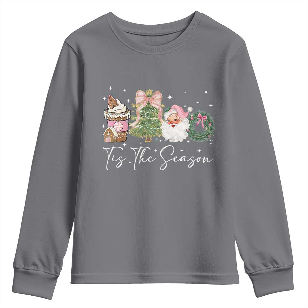 Christmas Tis The Season Youth Sweatshirt Cute Winter Old Xmas Vintage Pink Santa Claus TS10 Charcoal Print Your Wear