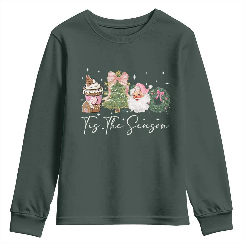 Christmas Tis The Season Youth Sweatshirt Cute Winter Old Xmas Vintage Pink Santa Claus TS10 Dark Forest Green Print Your Wear