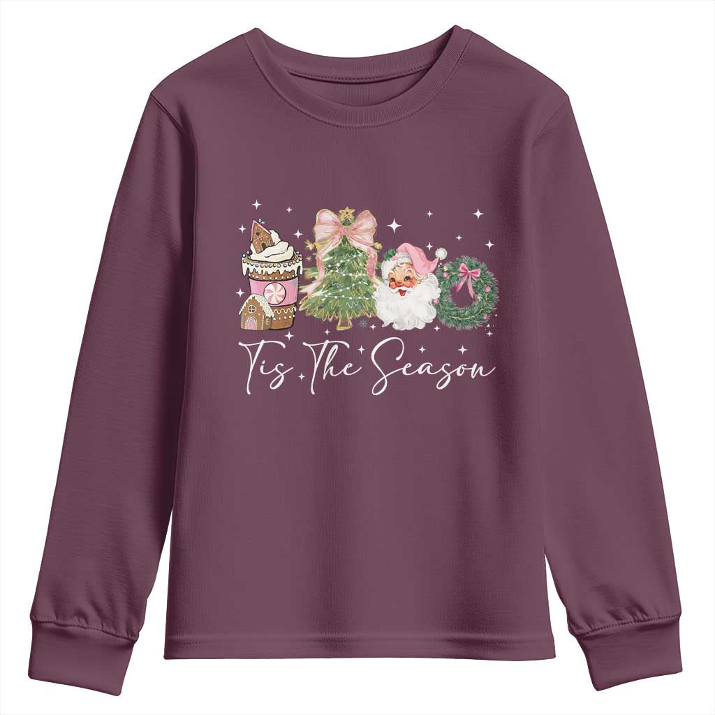 Christmas Tis The Season Youth Sweatshirt Cute Winter Old Xmas Vintage Pink Santa Claus TS10 Maroon Print Your Wear