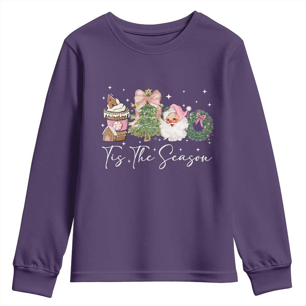 Christmas Tis The Season Youth Sweatshirt Cute Winter Old Xmas Vintage Pink Santa Claus TS10 Purple Print Your Wear