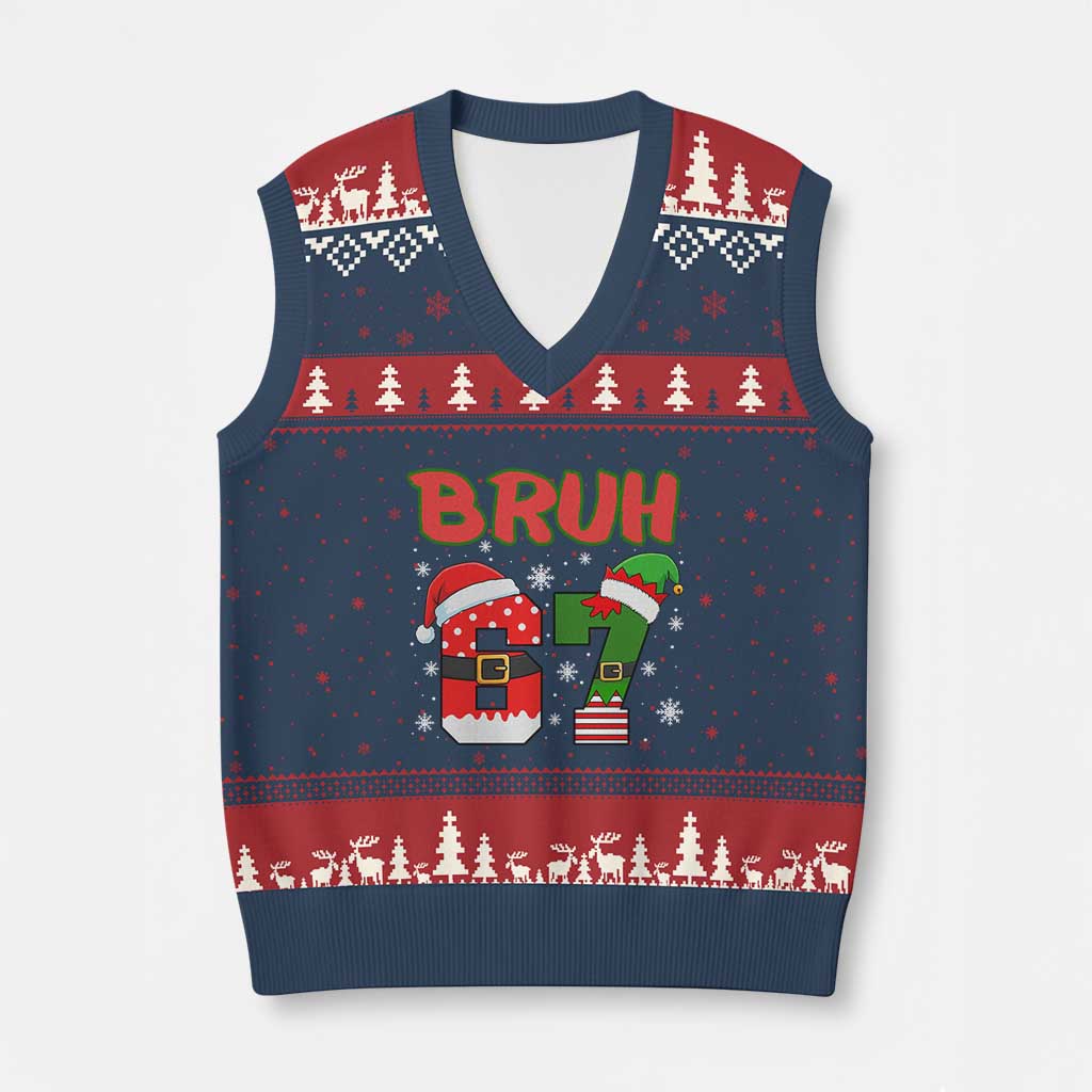 67 Xmas V-Neck Knit Sweater Vest Six Seven Bruh Funny Boys Kids Meme Pajamas Gen Alpha Slang TS10 Navy Red Print Your Wear