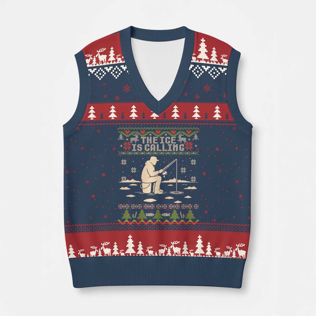 Funny Xmas Ice Fishing V-Neck Knit Sweater Vest Merry Fishmas Fish Fishing Ugly Xmas TS10 Navy Red Print Your Wear