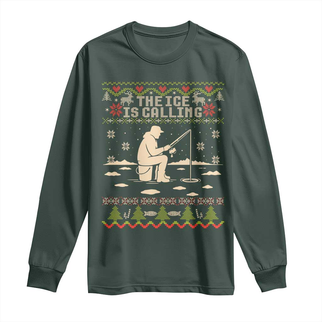 Funny Christmas Ice Fishing Long Sleeve Shirt Merry Fishmas Fish Fishing Ugly Xmas TS10 Dark Forest Green Print Your Wear