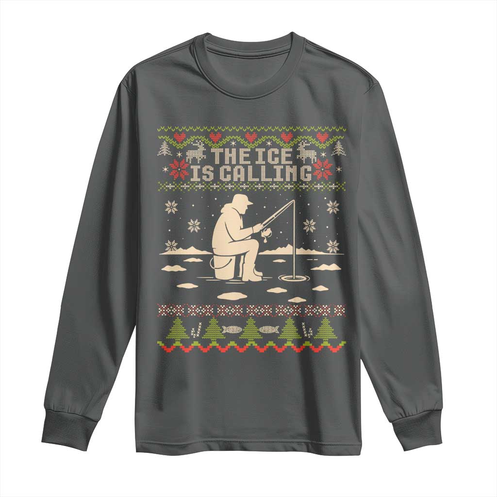 Funny Christmas Ice Fishing Long Sleeve Shirt Merry Fishmas Fish Fishing Ugly Xmas TS10 Dark Heather Print Your Wear