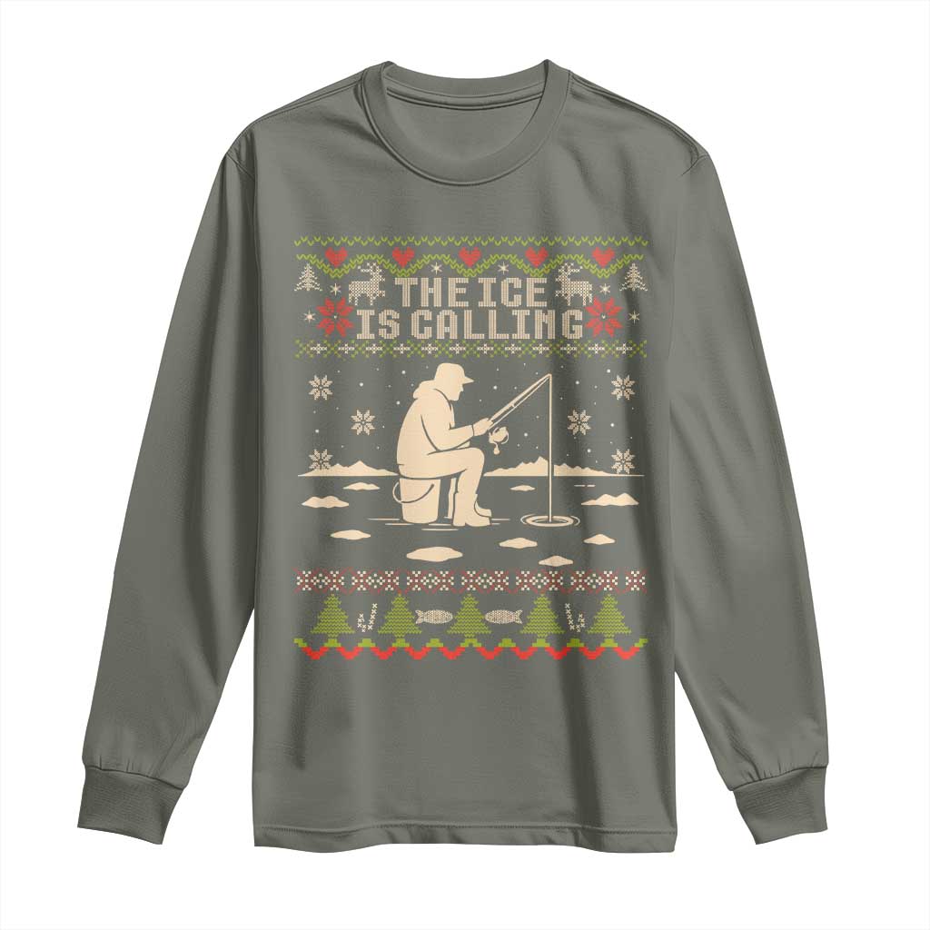 Funny Christmas Ice Fishing Long Sleeve Shirt Merry Fishmas Fish Fishing Ugly Xmas TS10 Military Green Print Your Wear