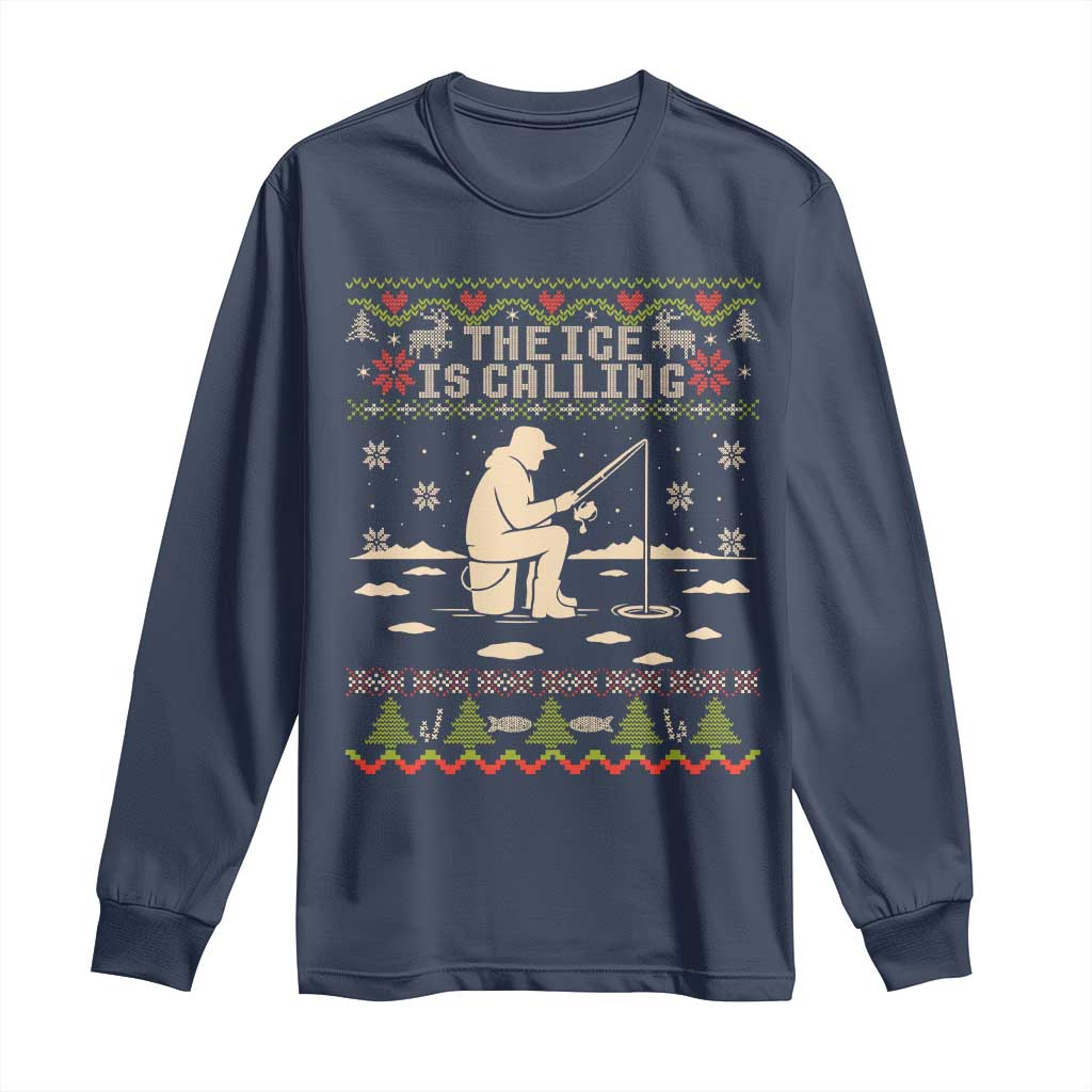 Funny Christmas Ice Fishing Long Sleeve Shirt Merry Fishmas Fish Fishing Ugly Xmas TS10 Navy Print Your Wear