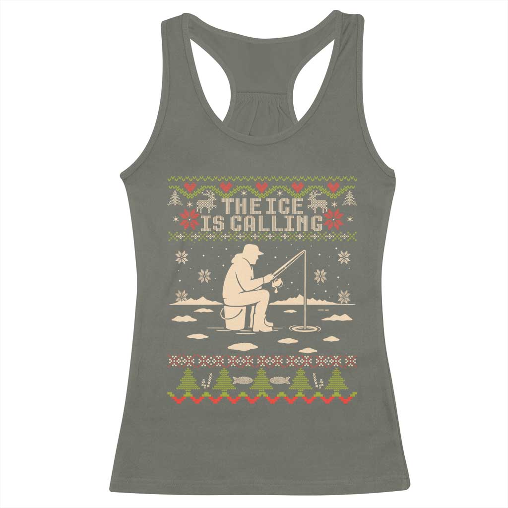 Funny Christmas Ice Fishing Racerback Tank Top Merry Fishmas Fish Fishing Ugly Xmas TS10 Military Green Print Your Wear