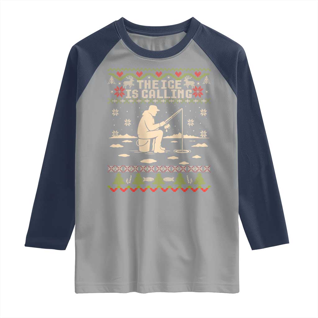 Funny Christmas Ice Fishing Raglan Shirt Merry Fishmas Fish Fishing Ugly Xmas TS10 Sport Gray Navy Print Your Wear