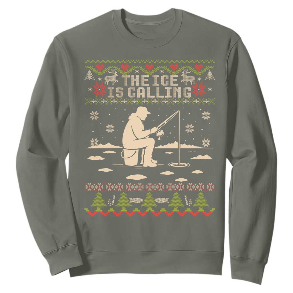 Funny Christmas Ice Fishing Sweatshirt Merry Fishmas Fish Fishing Ugly Xmas TS10 Military Green Print Your Wear