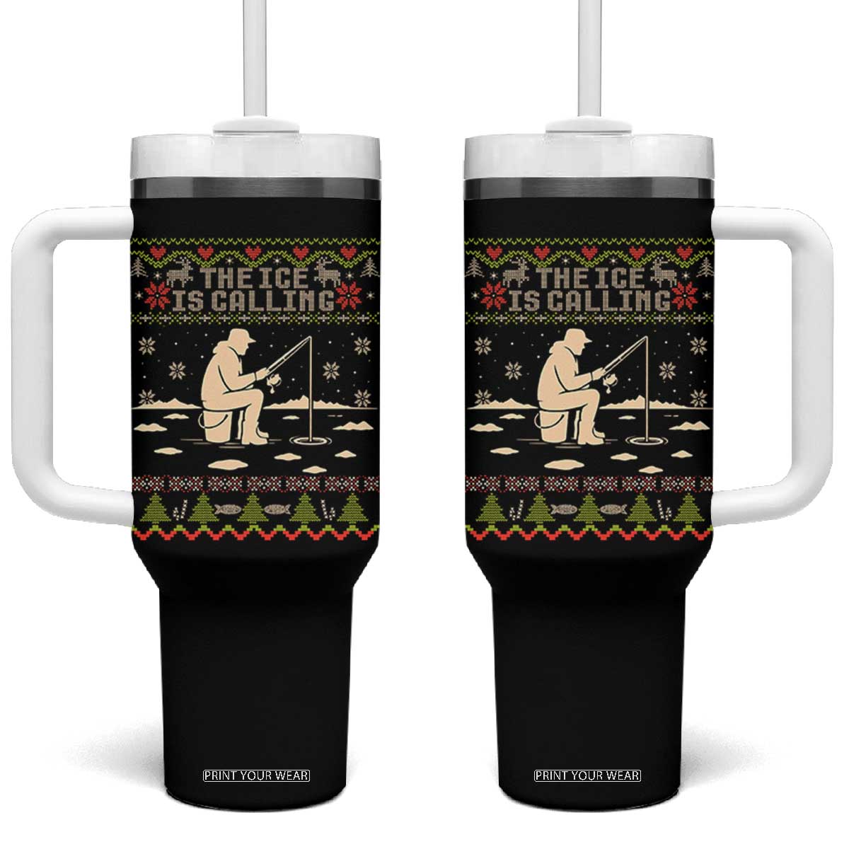 Funny Christmas Ice Fishing Tumbler With Handle Merry Fishmas Fish Fishing Ugly Xmas TS10 One Size: 40 oz Black Print Your Wear