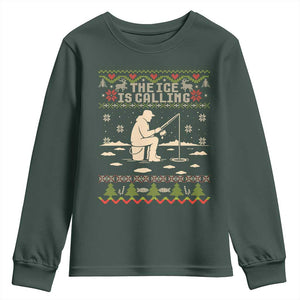 Funny Christmas Ice Fishing Youth Sweatshirt Merry Fishmas Fish Fishing Ugly Xmas TS10 Dark Forest Green Print Your Wear