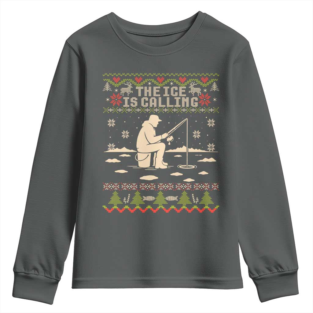 Funny Christmas Ice Fishing Youth Sweatshirt Merry Fishmas Fish Fishing Ugly Xmas TS10 Dark Heather Print Your Wear