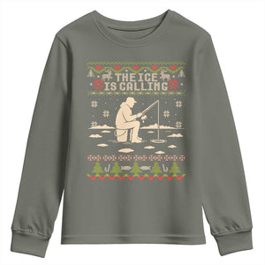 Funny Christmas Ice Fishing Youth Sweatshirt Merry Fishmas Fish Fishing Ugly Xmas TS10 Military Green Print Your Wear