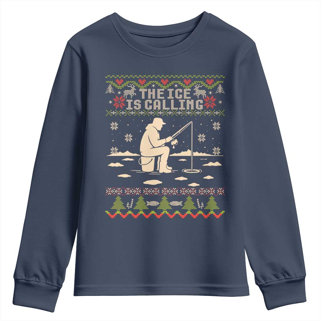 Funny Christmas Ice Fishing Youth Sweatshirt Merry Fishmas Fish Fishing Ugly Xmas TS10 Navy Print Your Wear