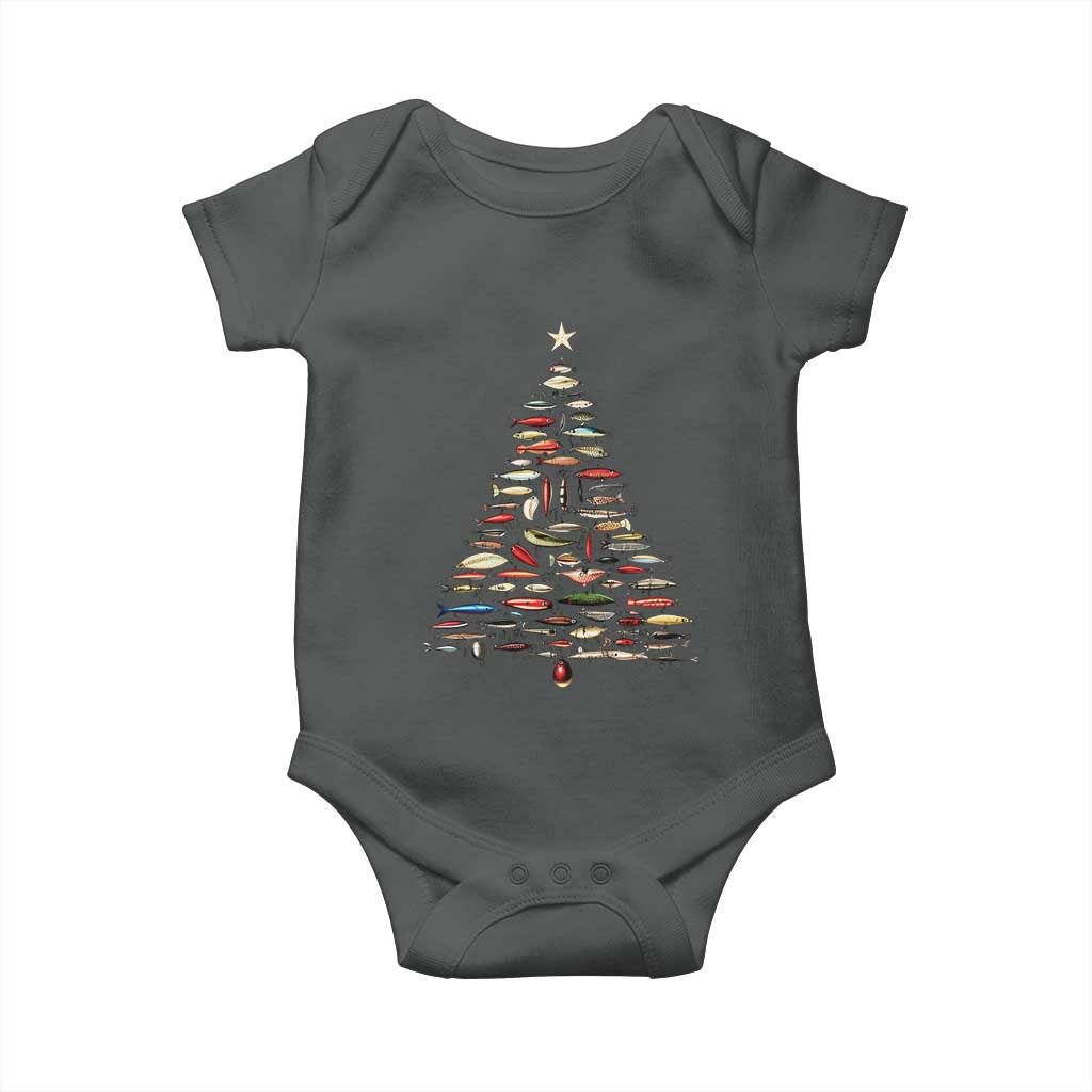 Fishing Lure Christmas Tree Baby Onesie Retro Fisherman Xmas Fish Fly TS10 Dark Heather Print Your Wear