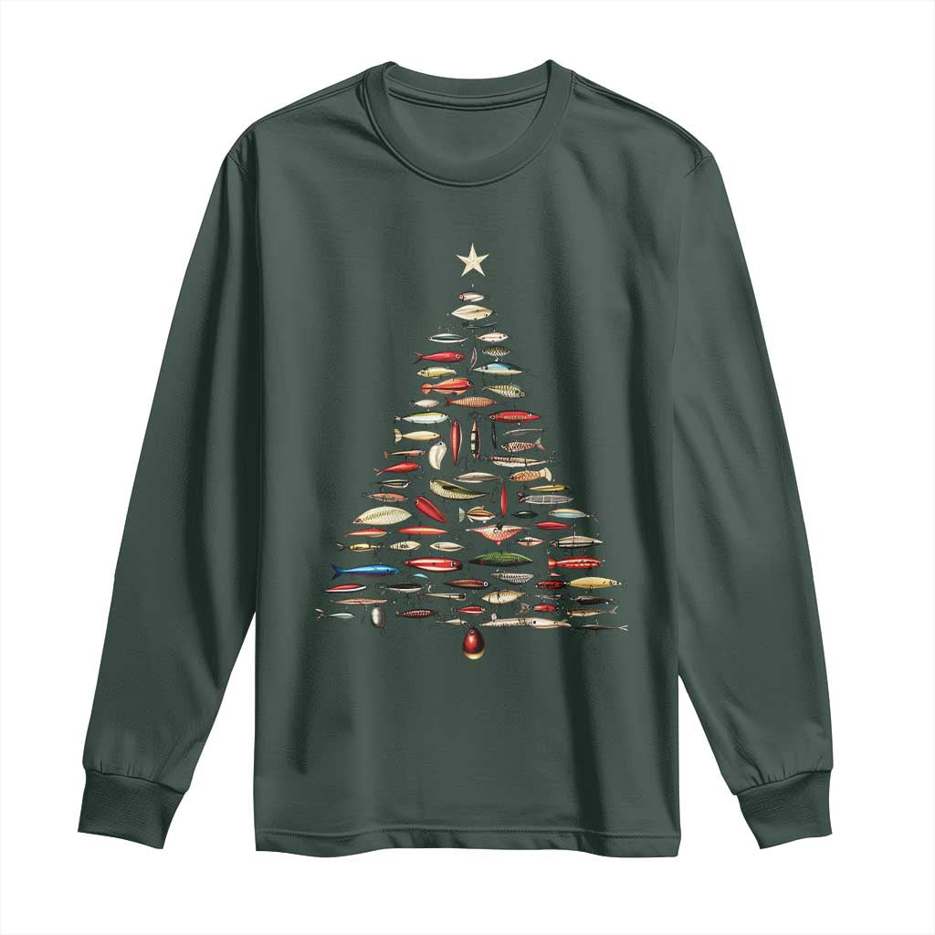Fishing Lure Christmas Tree Long Sleeve Shirt Retro Fisherman Xmas Fish Fly TS10 Dark Forest Green Print Your Wear