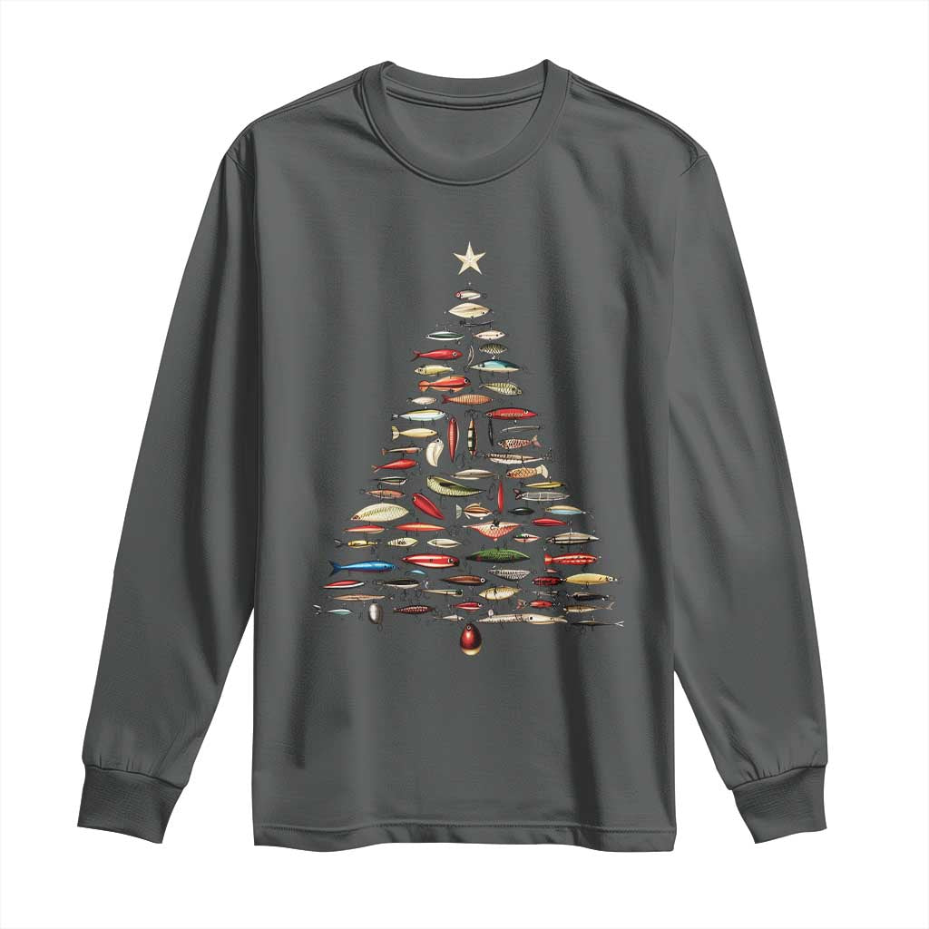 Fishing Lure Christmas Tree Long Sleeve Shirt Retro Fisherman Xmas Fish Fly TS10 Dark Heather Print Your Wear