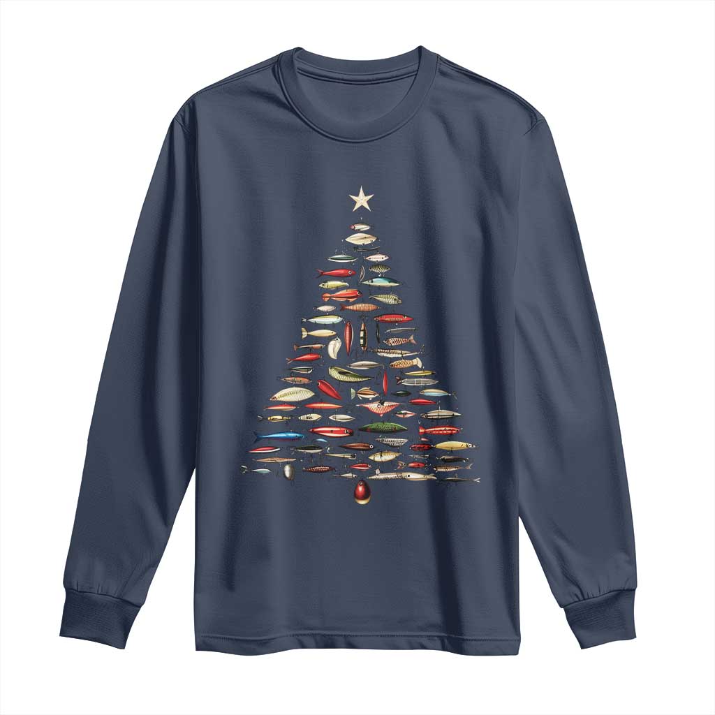 Fishing Lure Christmas Tree Long Sleeve Shirt Retro Fisherman Xmas Fish Fly TS10 Navy Print Your Wear