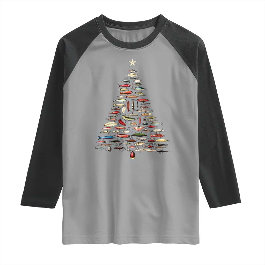 Fishing Lure Christmas Tree Raglan Shirt Retro Fisherman Xmas Fish Fly TS10 Sport Gray Black Print Your Wear