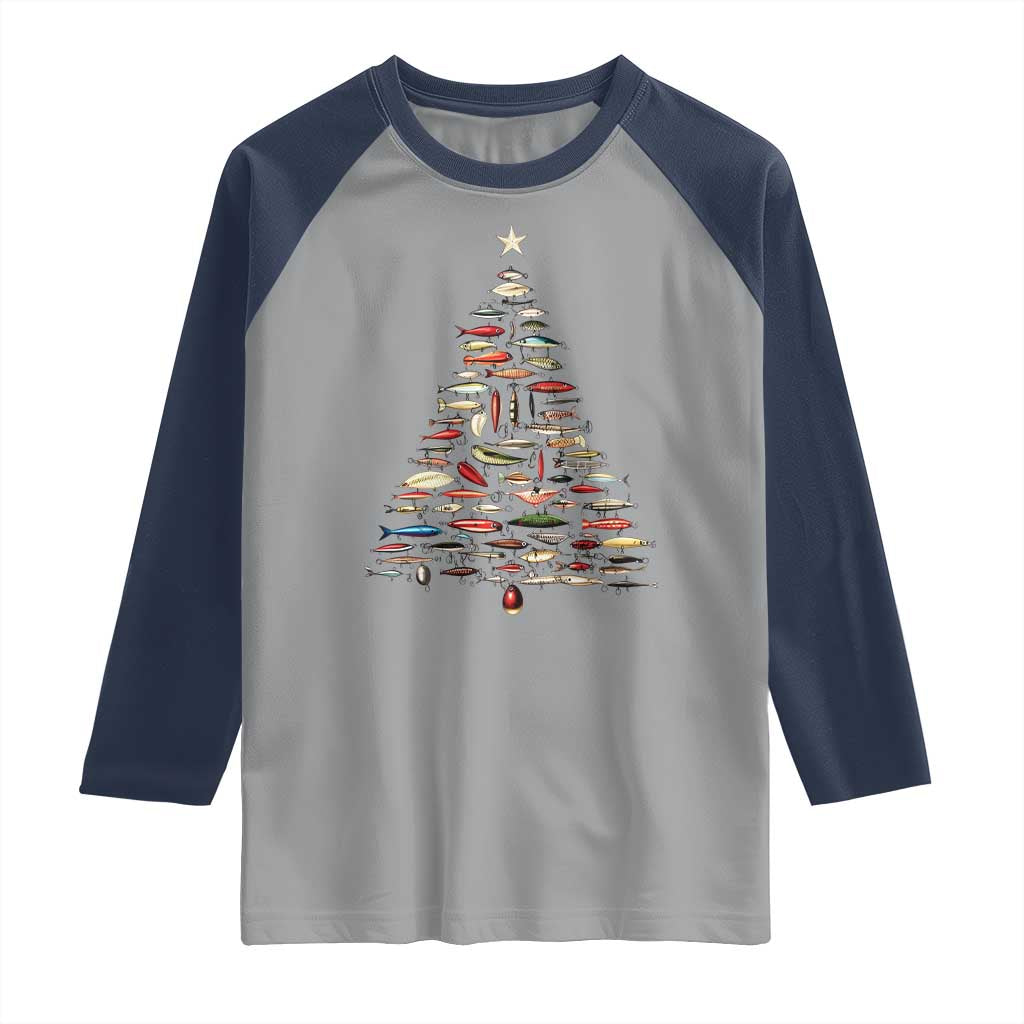 Fishing Lure Christmas Tree Raglan Shirt Retro Fisherman Xmas Fish Fly TS10 Sport Gray Navy Print Your Wear
