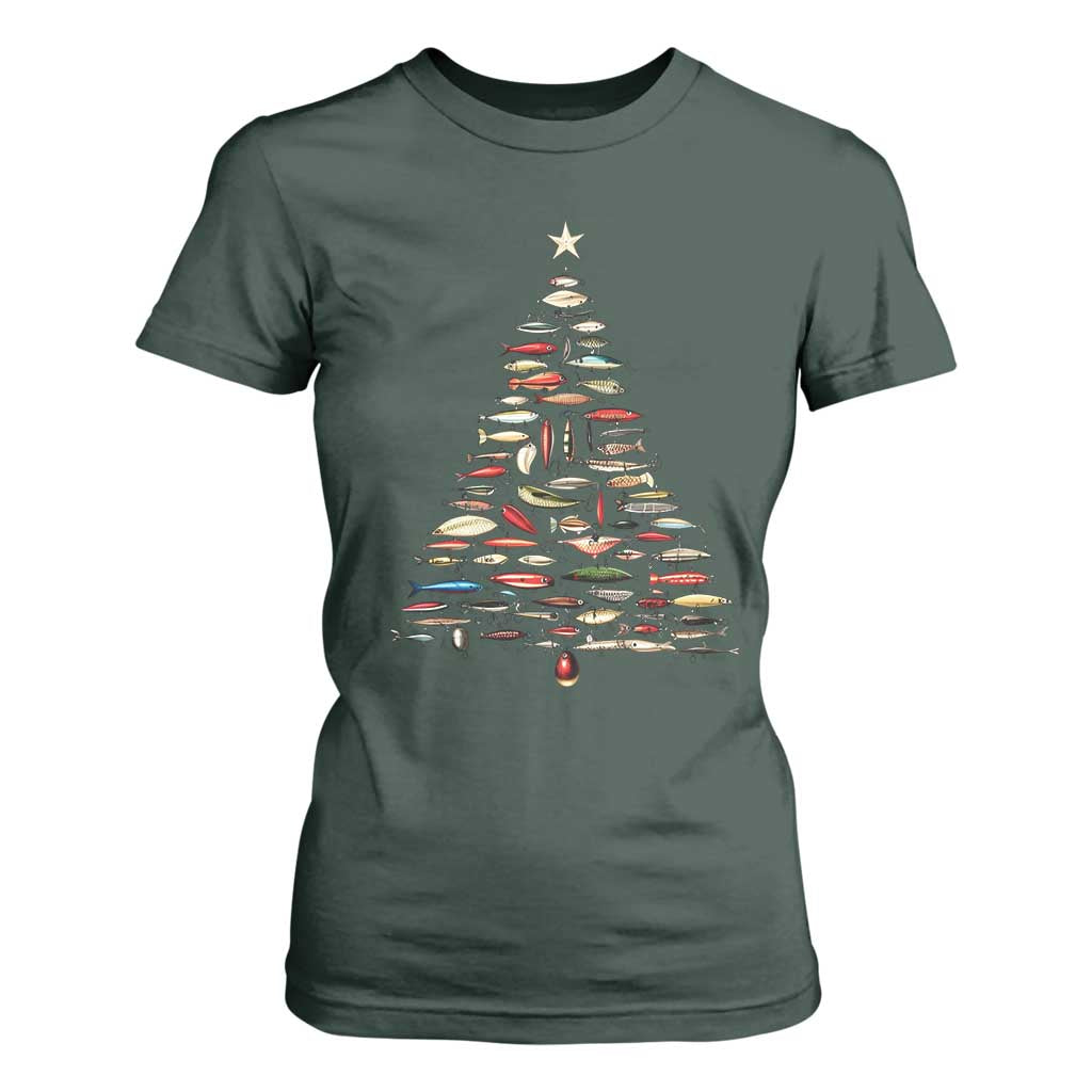 Fishing Lure Christmas Tree T Shirt For Women Retro Fisherman Xmas Fish Fly TS10 Dark Forest Green Print Your Wear
