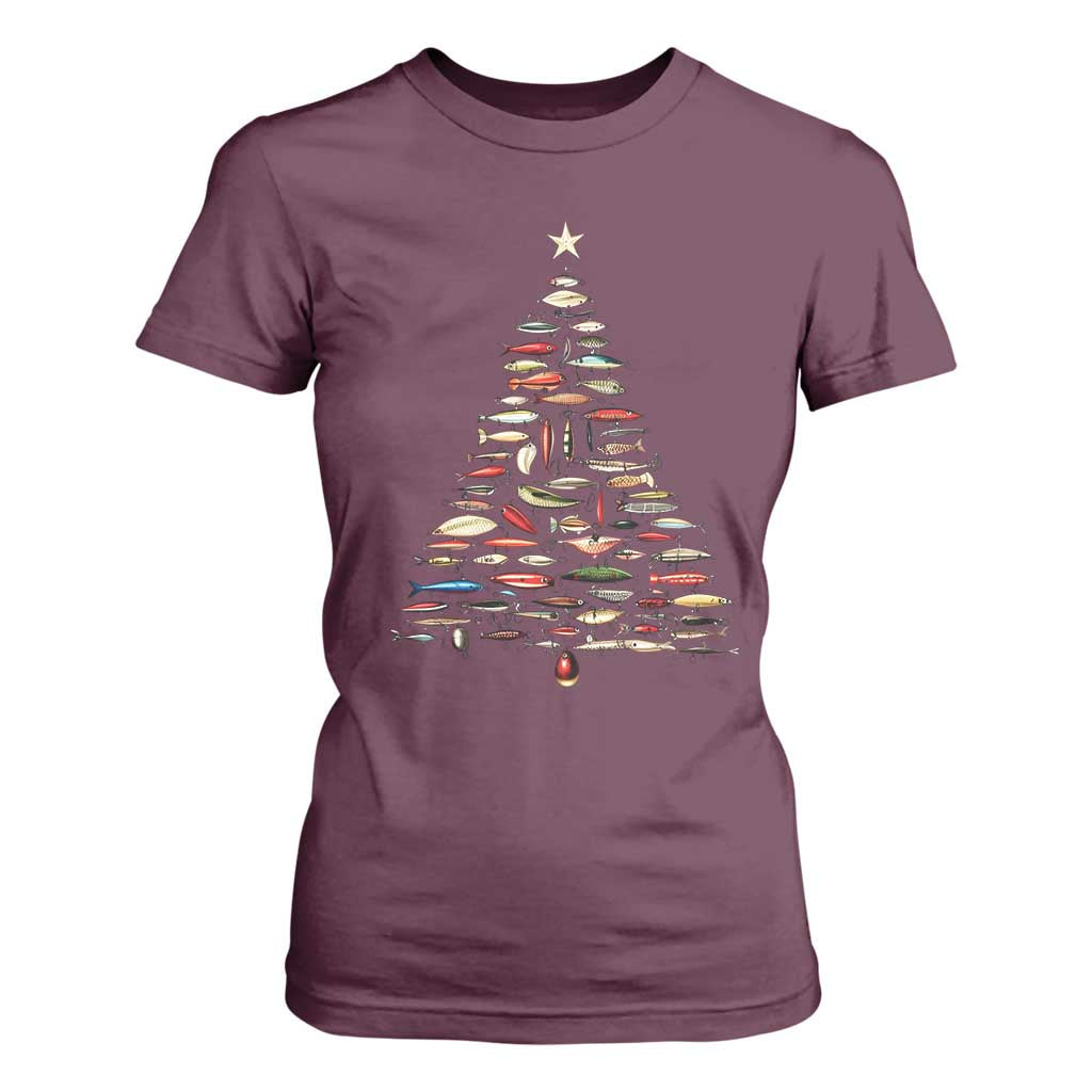Fishing Lure Christmas Tree T Shirt For Women Retro Fisherman Xmas Fish Fly TS10 Maroon Print Your Wear