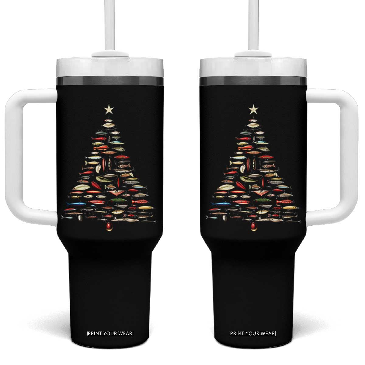 Fishing Lure Christmas Tree Tumbler With Handle Retro Fisherman Xmas Fish Fly TS10 One Size: 40 oz Black Print Your Wear