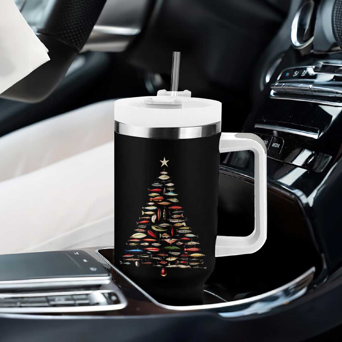 Fishing Lure Christmas Tree Tumbler With Handle Retro Fisherman Xmas Fish Fly TS10 Print Your Wear