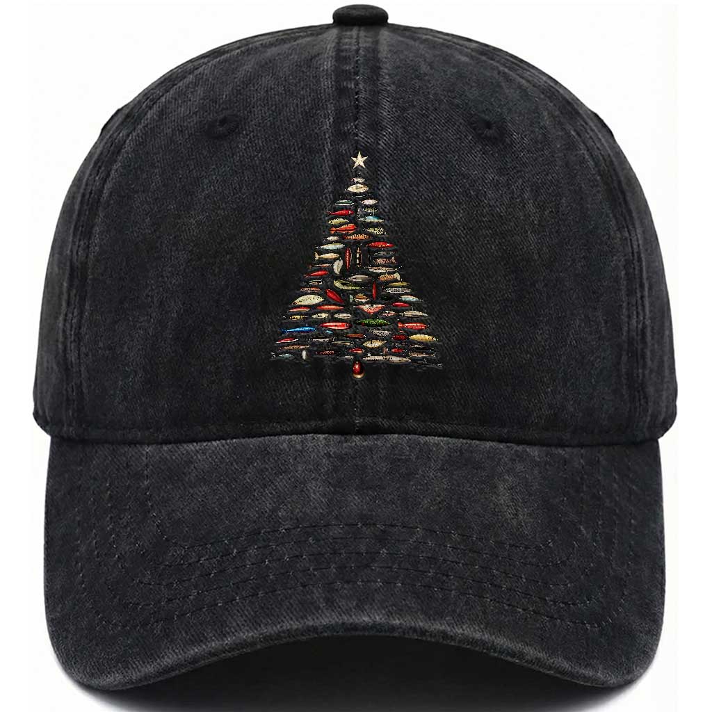 Fishing Lure Christmas Tree Washed Cotton Baseball Cap Retro Fisherman Xmas Fish Fly