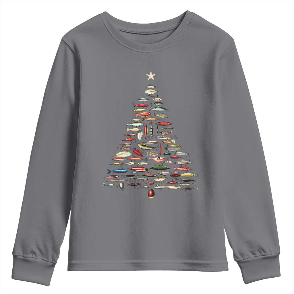 Fishing Lure Christmas Tree Youth Sweatshirt Retro Fisherman Xmas Fish Fly TS10 Charcoal Print Your Wear
