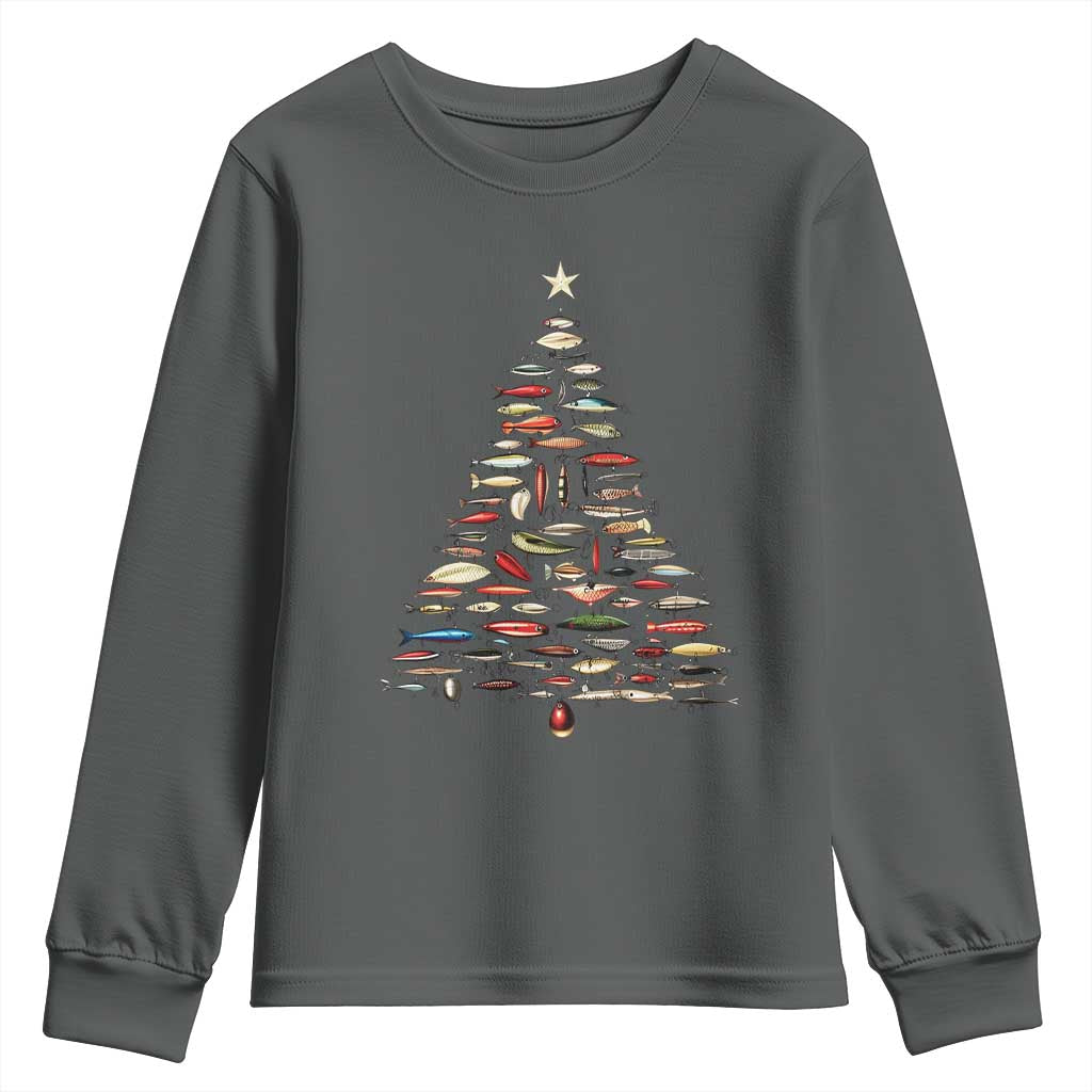 Fishing Lure Christmas Tree Youth Sweatshirt Retro Fisherman Xmas Fish Fly TS10 Dark Heather Print Your Wear