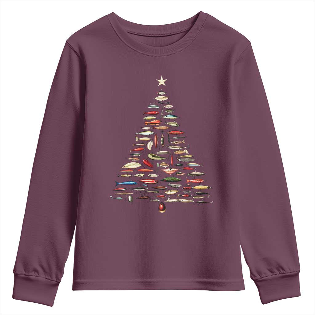 Fishing Lure Christmas Tree Youth Sweatshirt Retro Fisherman Xmas Fish Fly TS10 Maroon Print Your Wear