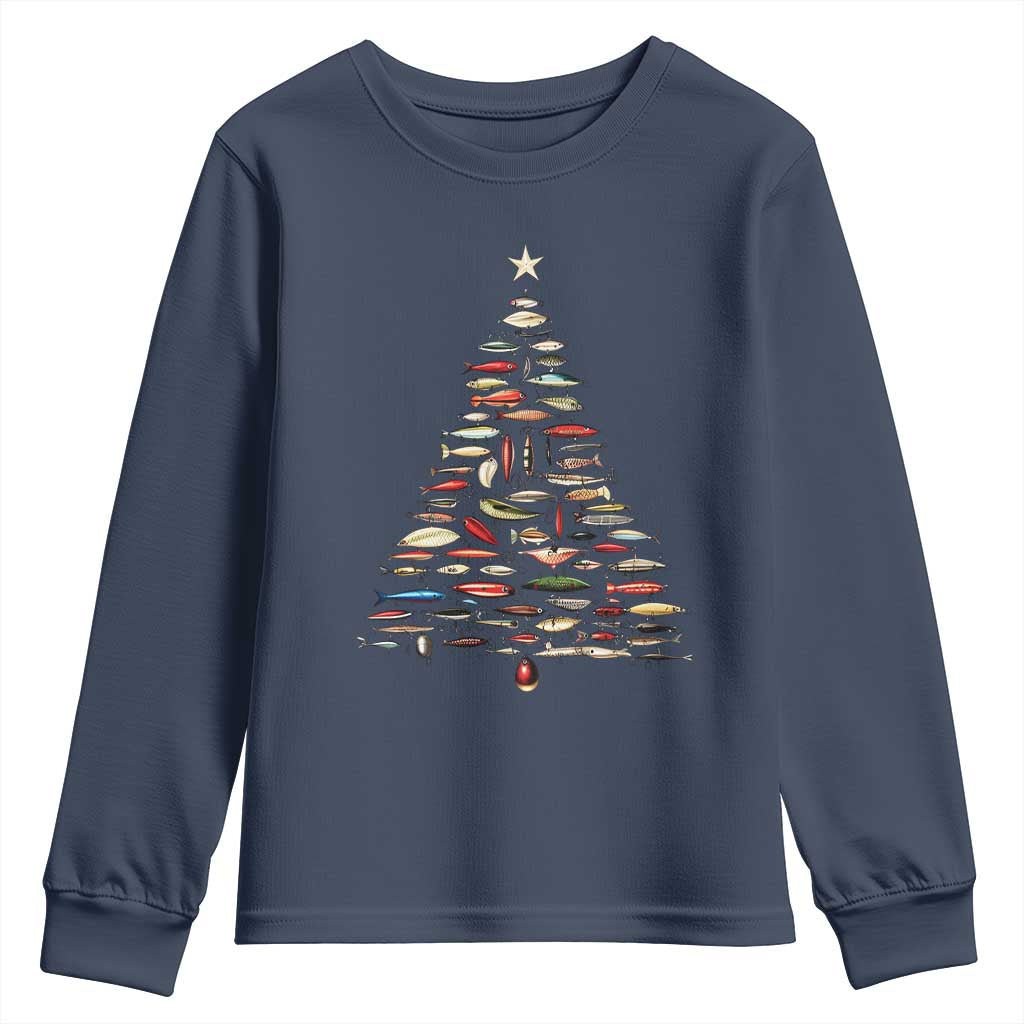 Fishing Lure Christmas Tree Youth Sweatshirt Retro Fisherman Xmas Fish Fly TS10 Navy Print Your Wear