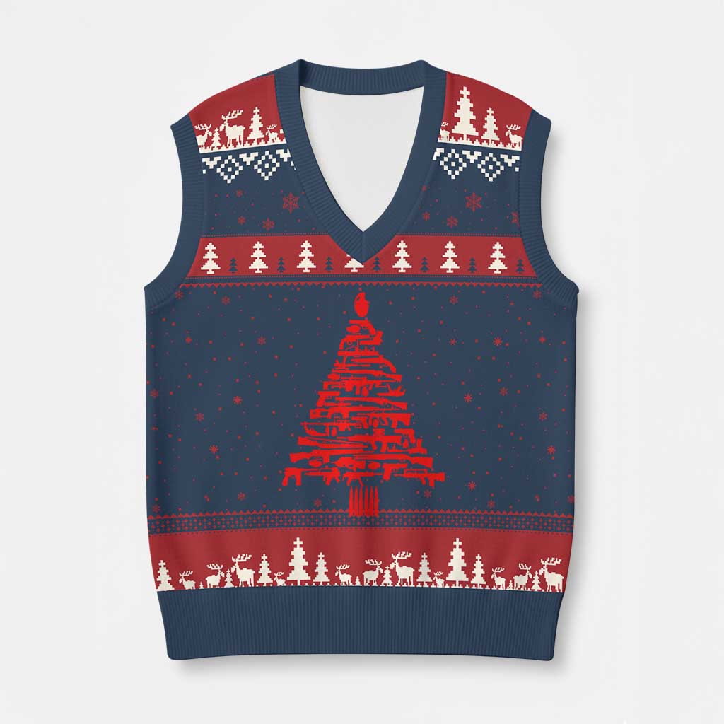 Funny Guns Xmas V-Neck Knit Sweater Vest 2nd Amendment Xmas Tree Gun Lovers TS10 Navy Red Print Your Wear