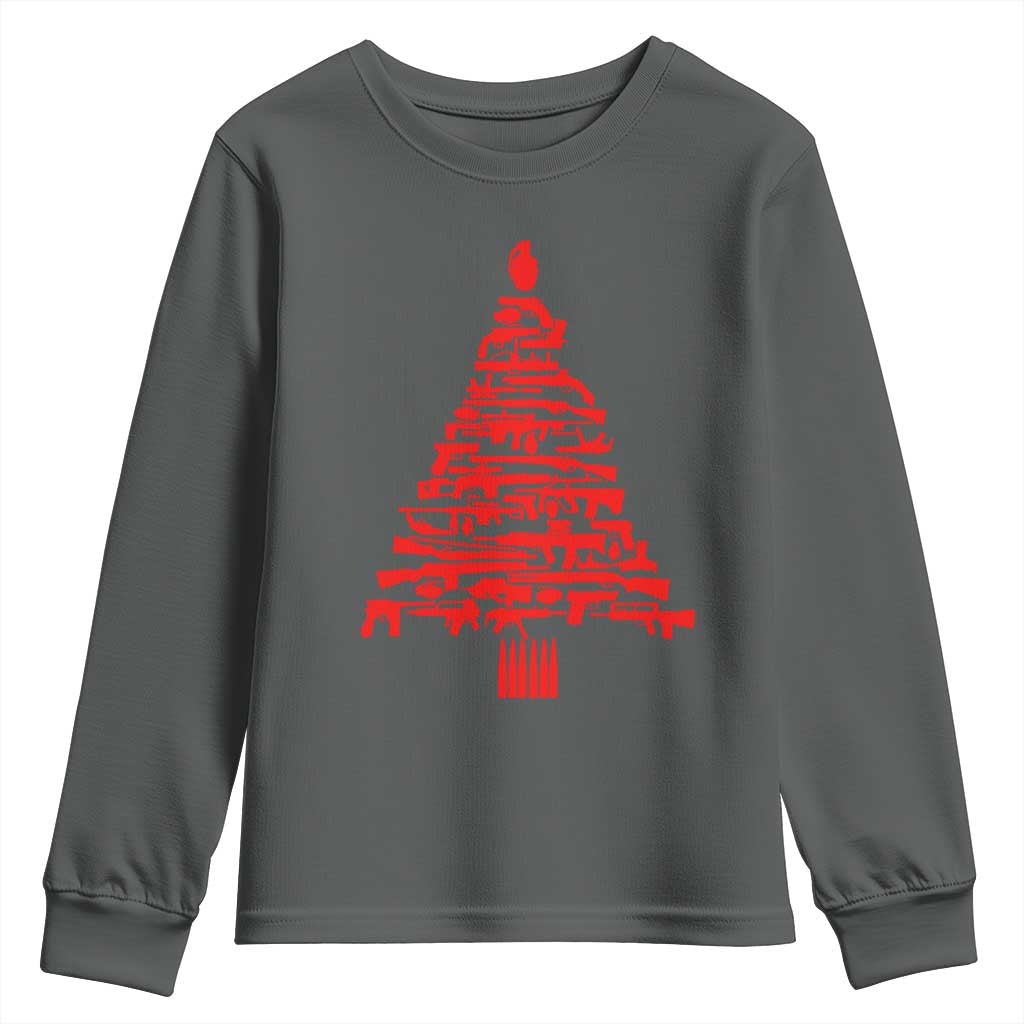 Funny Guns Christmas Youth Sweatshirt 2nd Amendment Xmas Tree Gun Lovers TS10 Dark Heather Print Your Wear