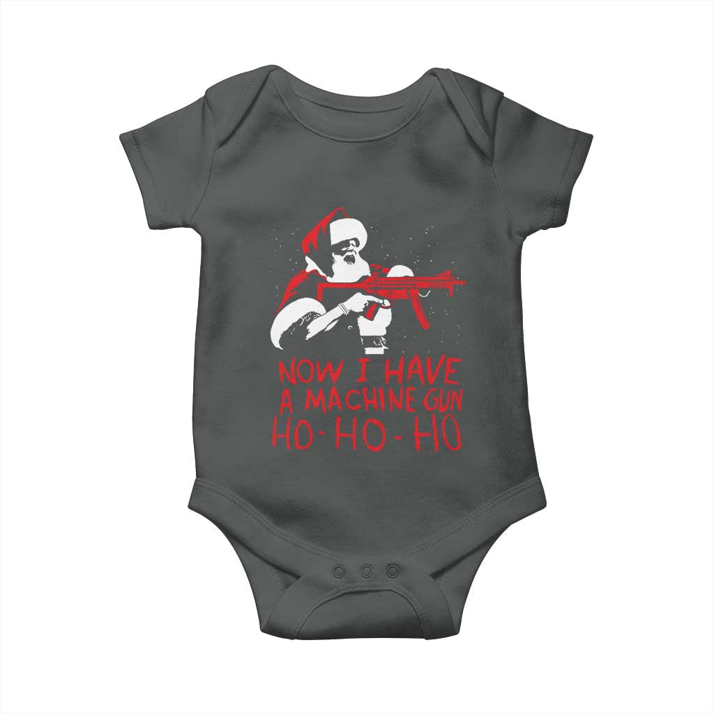 Now I Have A Machine Gun Baby Onesie Funny Retro Christmas 90s Movie Santa Gun Lovers TS10 Dark Heather Print Your Wear
