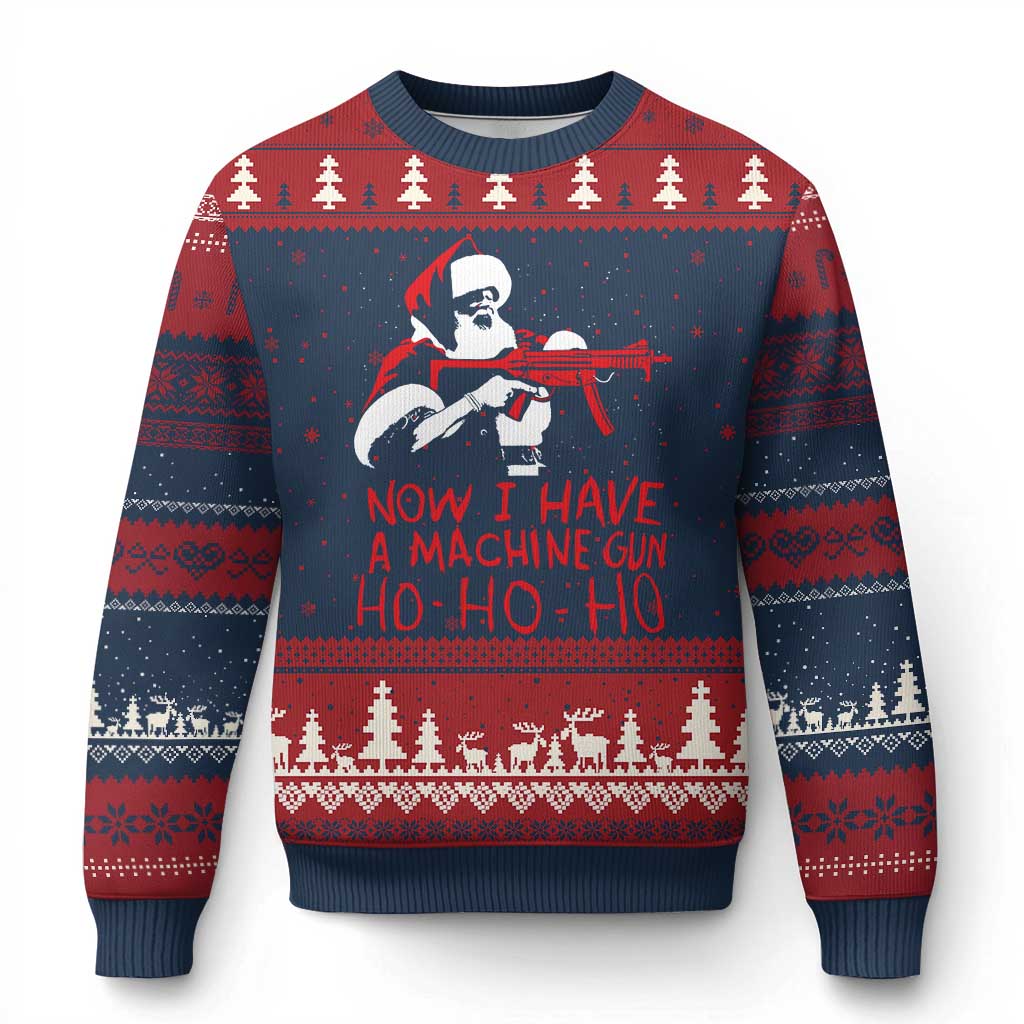 Now I Have A Machine Gun Ugly Christmas Sweater Funny Retro Xmas 90s Movie Santa Gun Lovers TS10 Navy Red Print Your Wear